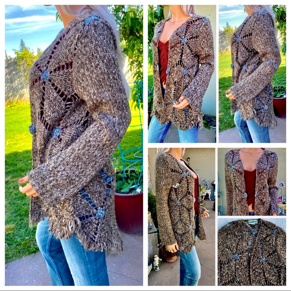 XS-M BoHo Chic Crochet Scallop Fringe Cardigan Duster Sweater - Picture 15 of 16